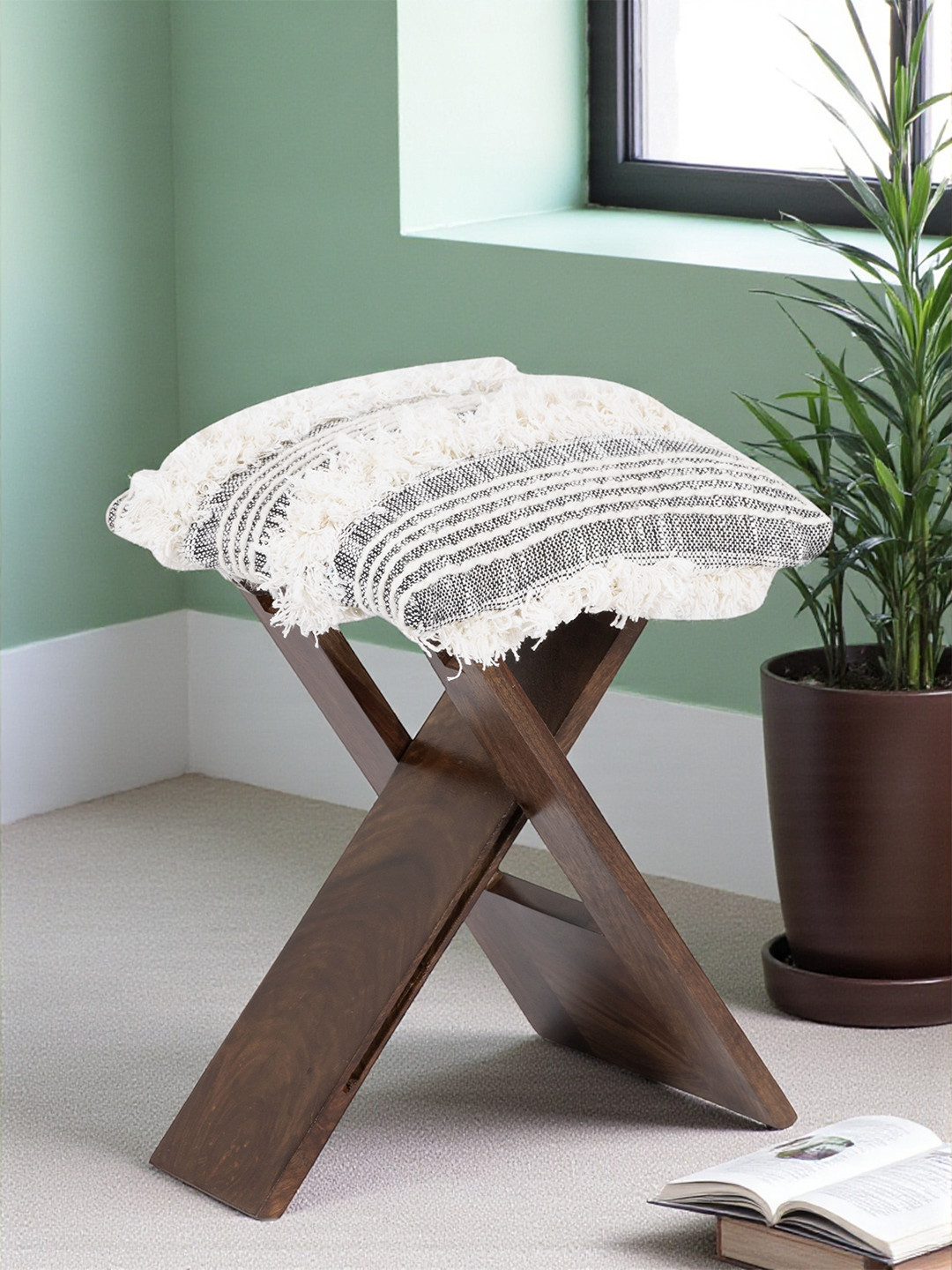Ikiriya Sheesham Wood Mid Century Square Foldable Stool In Grey Fringes Fabric Upholstery