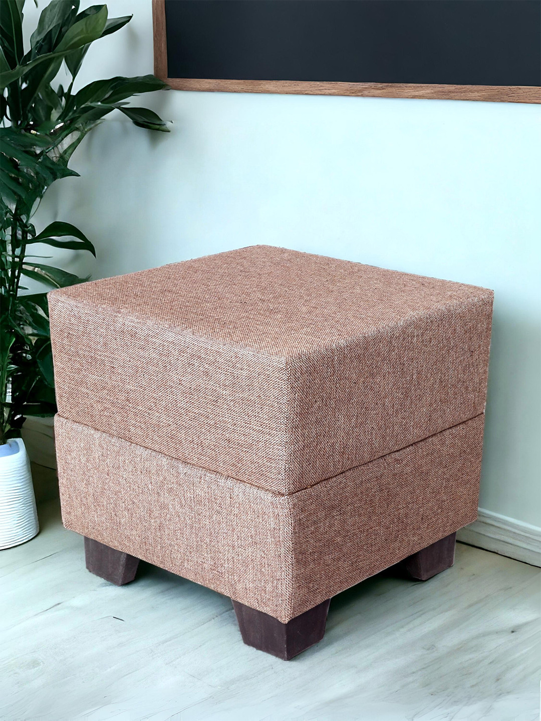 Ikiriya Iris Solid Wood Ottoman Pouffee In Jute Beige Fabric