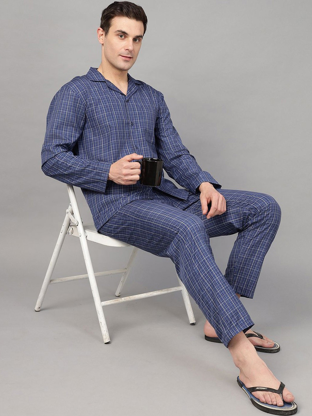 English Navy Men Lapel Collar Checked Night suit