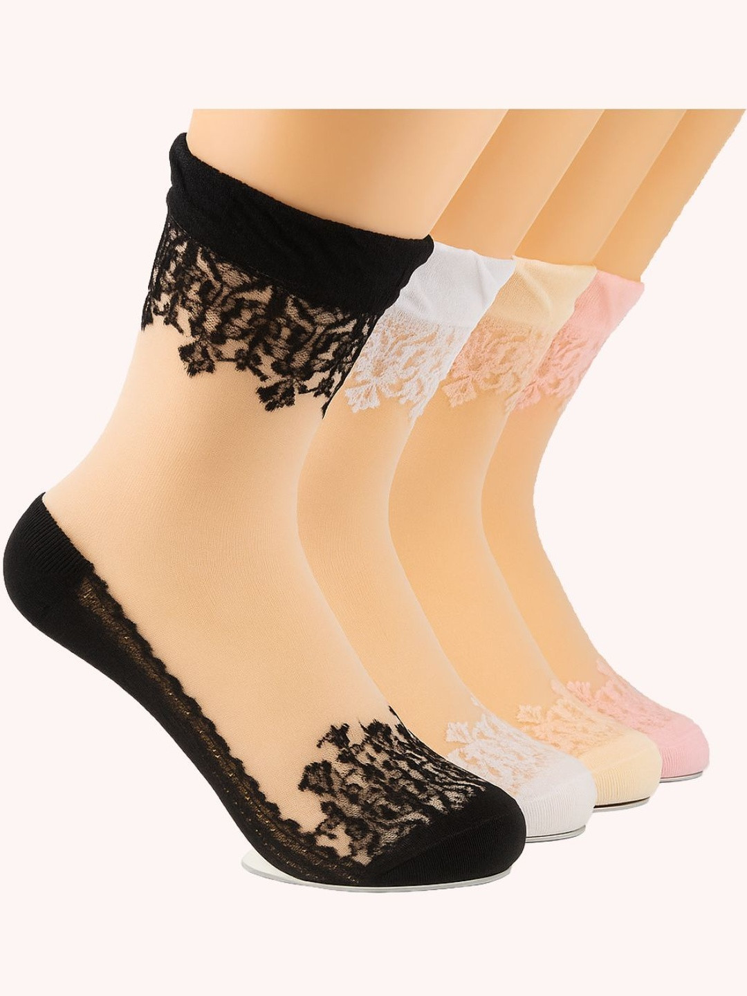 INDUS CLOUD Women 4 Pairs Ultra-thin Transparent Lace Elastic Short Ankle Socks