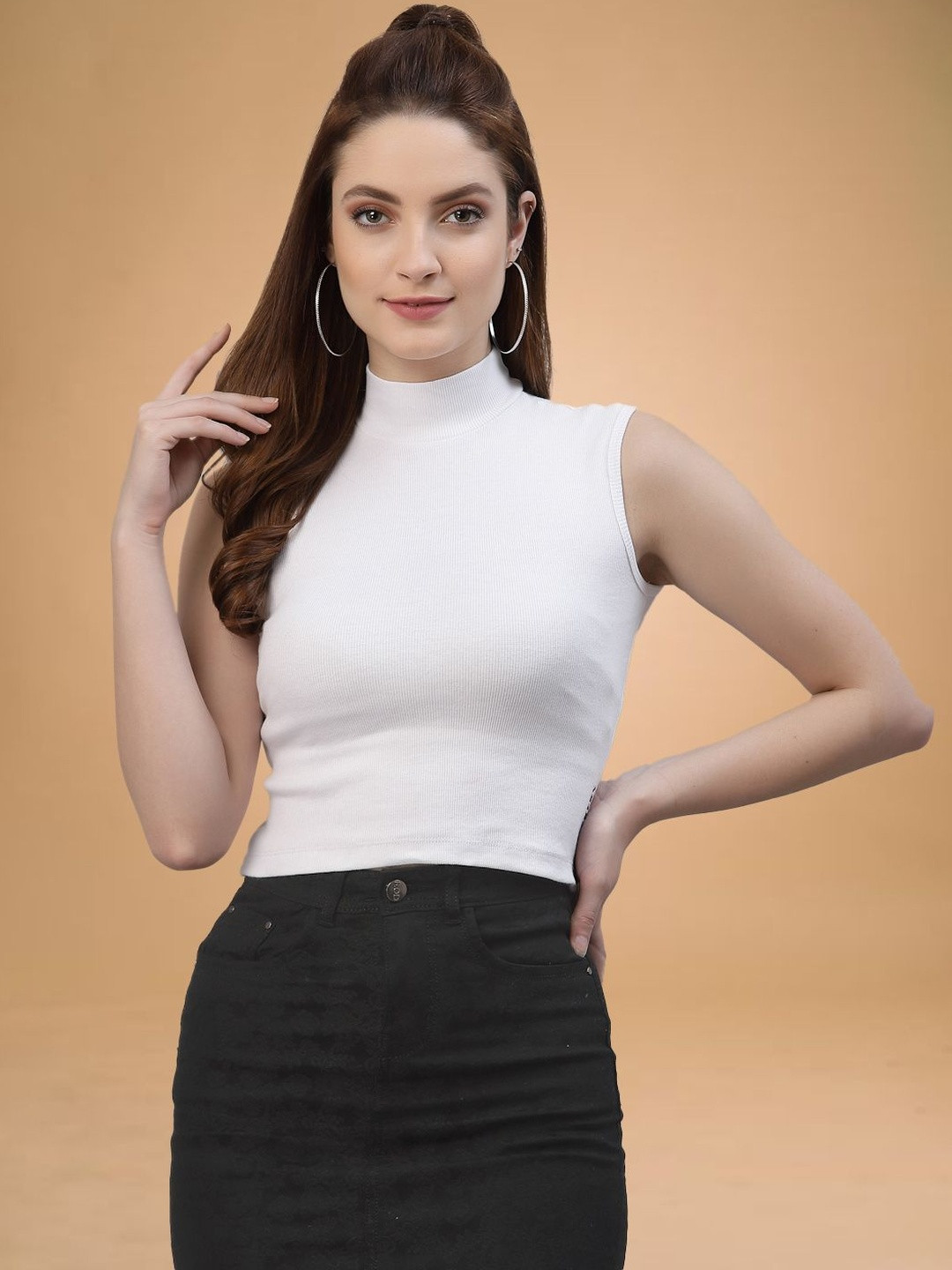 Friskers Women White Sleeveless High Neck Top