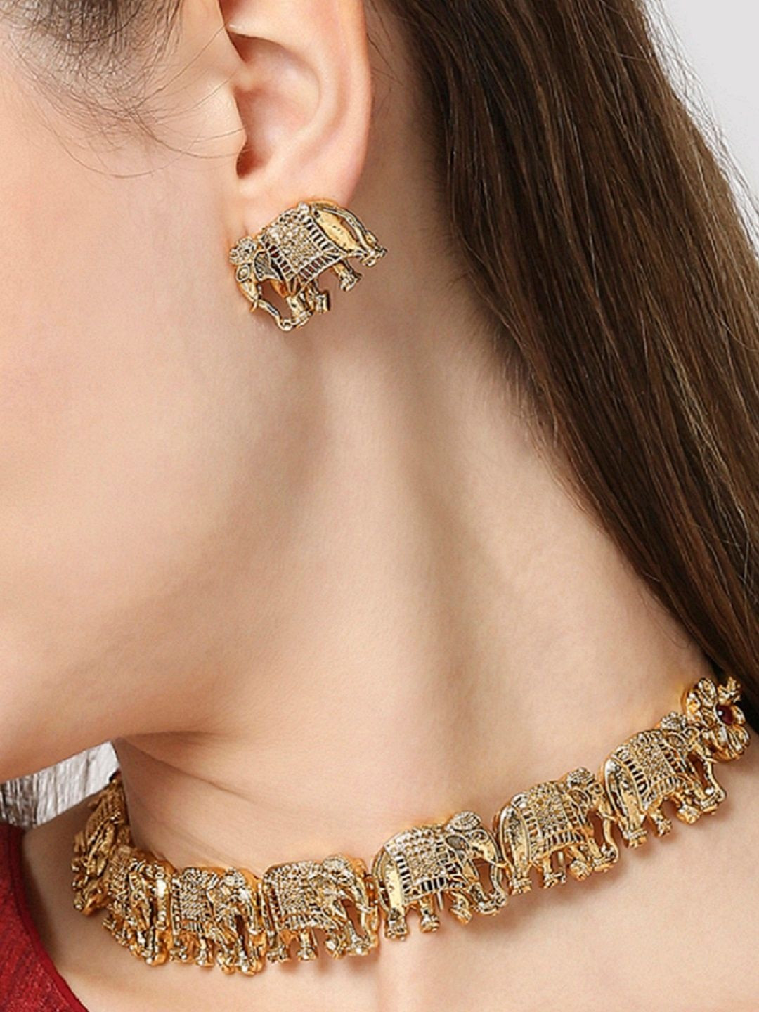 fabula Antique Intricate Textured Elephant Design Necklace And Earrings