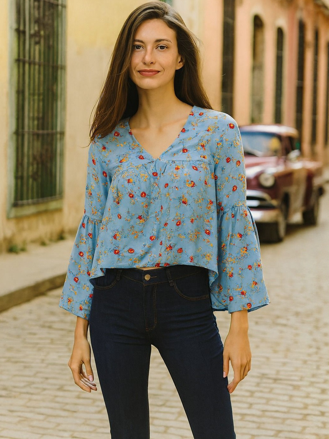 CORSICA Women Blue Polyester Printed Regular Tops