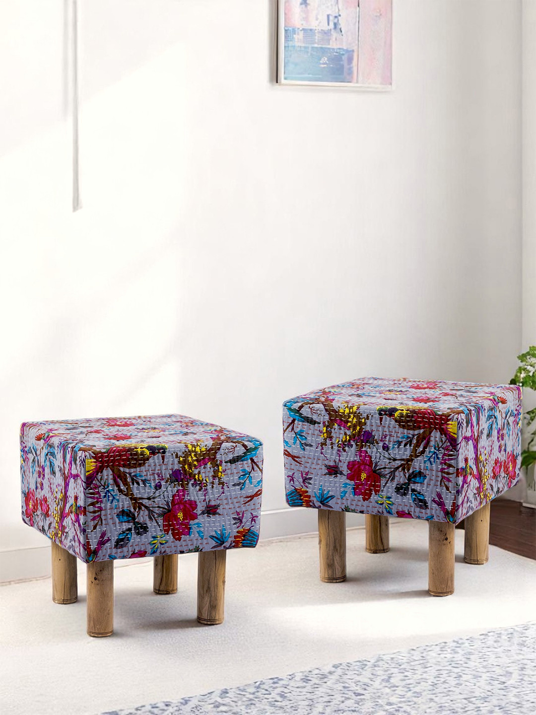 Ikiriya Solid Wood Square Set Of 2 Pouf Stools In Grey Brid Print Kantha Upholstery