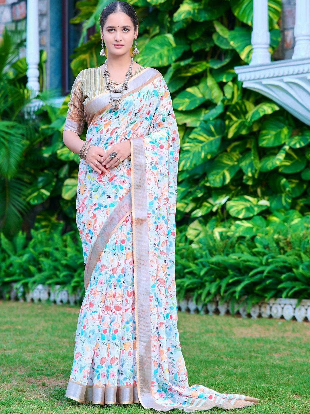 PHEASANT Pure Cotton Floral Block Printed Saree With Unstitched Blouse Piece