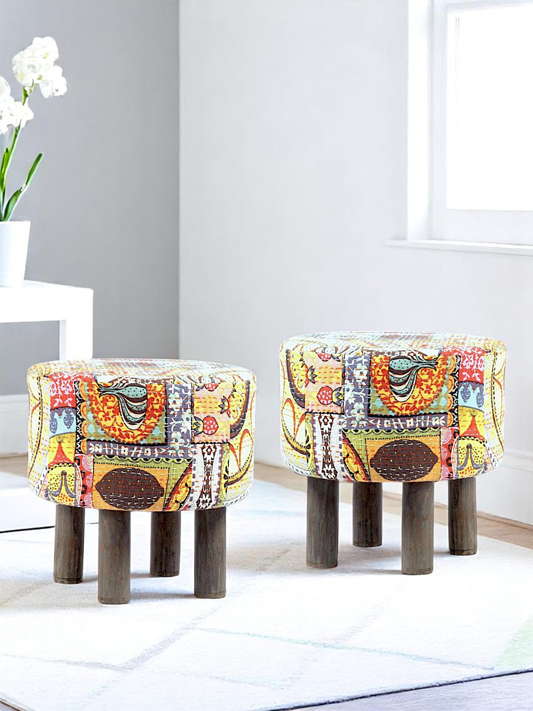 Ikiriya Acacia Wood Round Set Of 2 Pouf Stools In Israel Print Patchkantha Upholstery