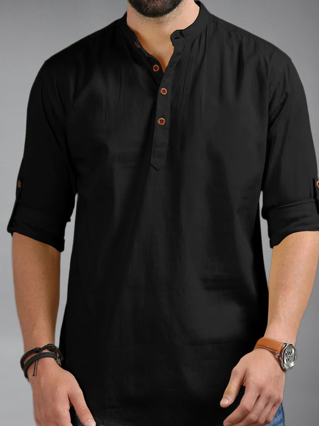 univibe Men Band Collar Roll-Up Sleeves Straight Short Kurta