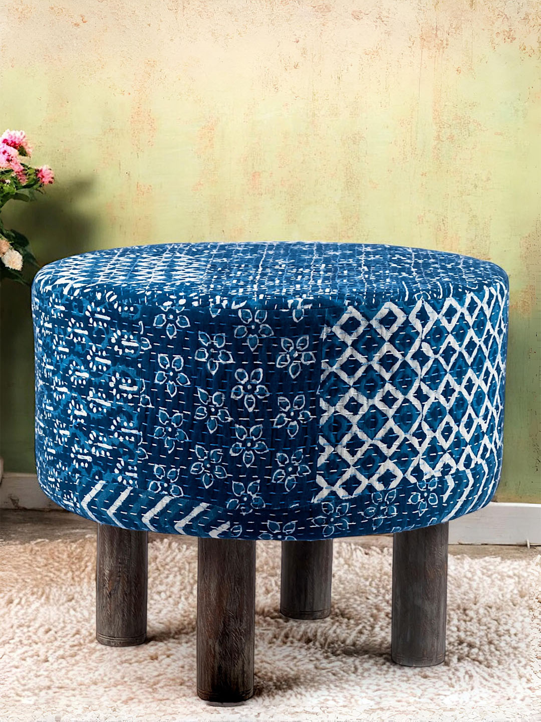 Ikiriya Collio Acacia Wood Mid Century Round Ottoman In Indigo Patchwork Kantha Upholstery