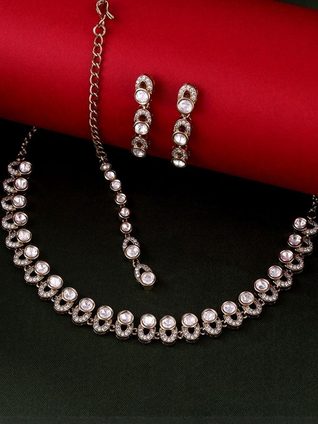 SALONI FASHION JEWELLERY Women CZ Studded Gold Plated Choker Necklace Set With Maang Tika