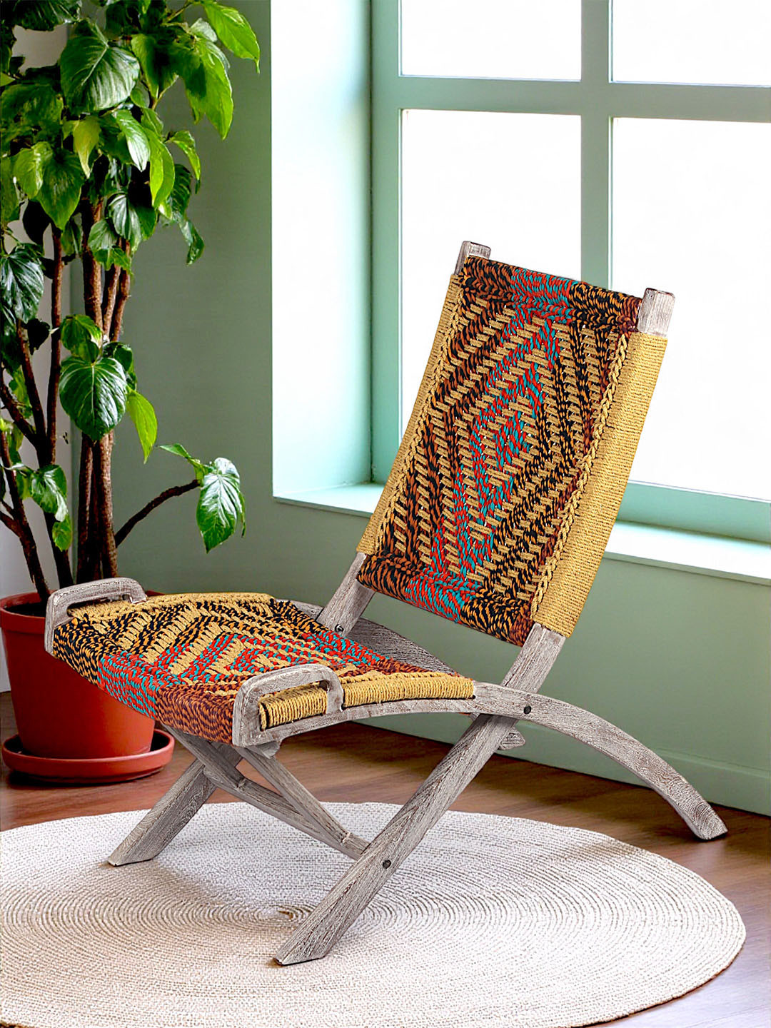 Ikiriya Natwest Sheesham Wood Relaxing Chair In Multi Colour Chindi & Yellow Rope Canning