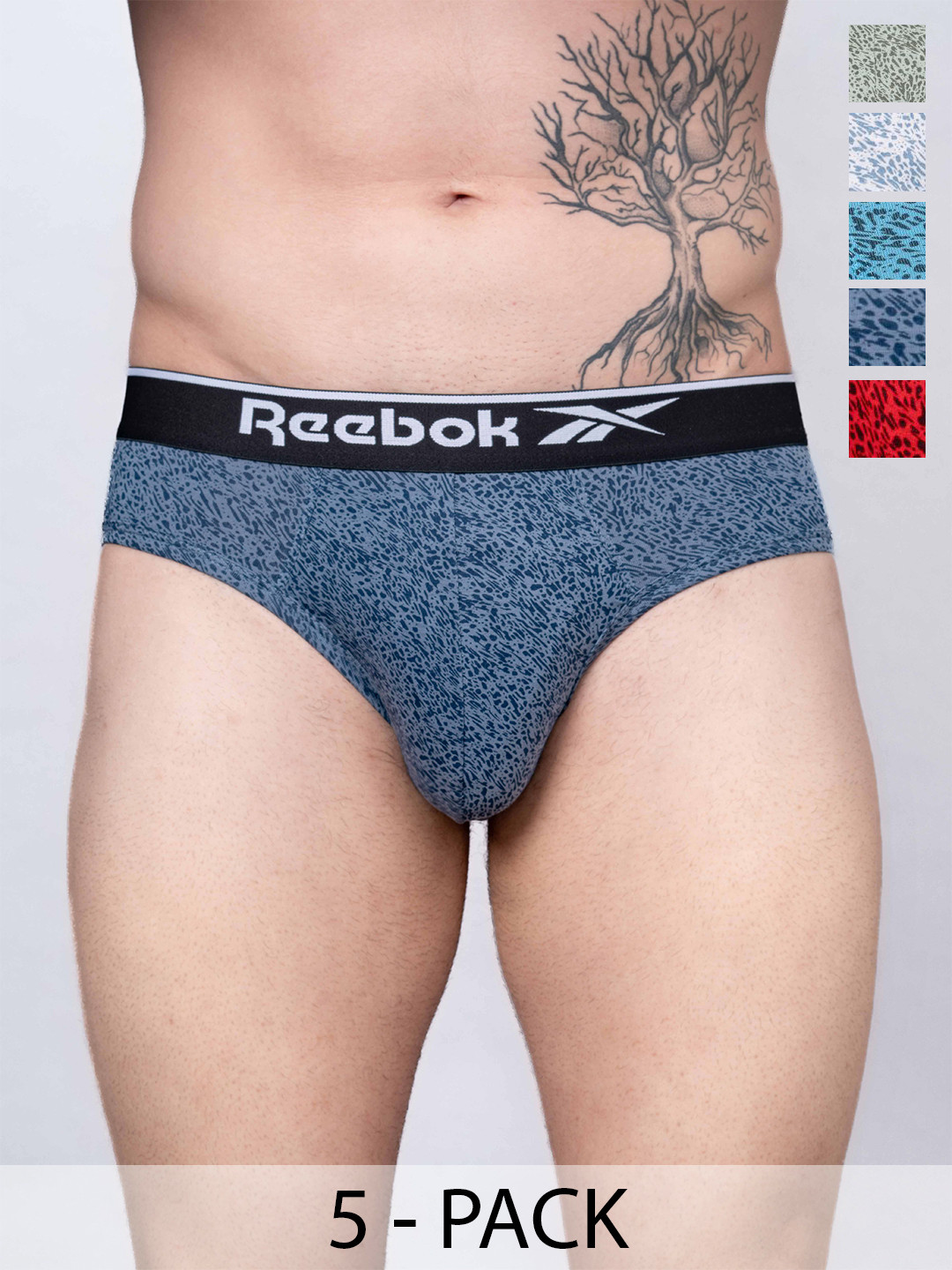 Reebok Pack Of 5 Printed Mid Rise Anti Bacterial Basic Briefs