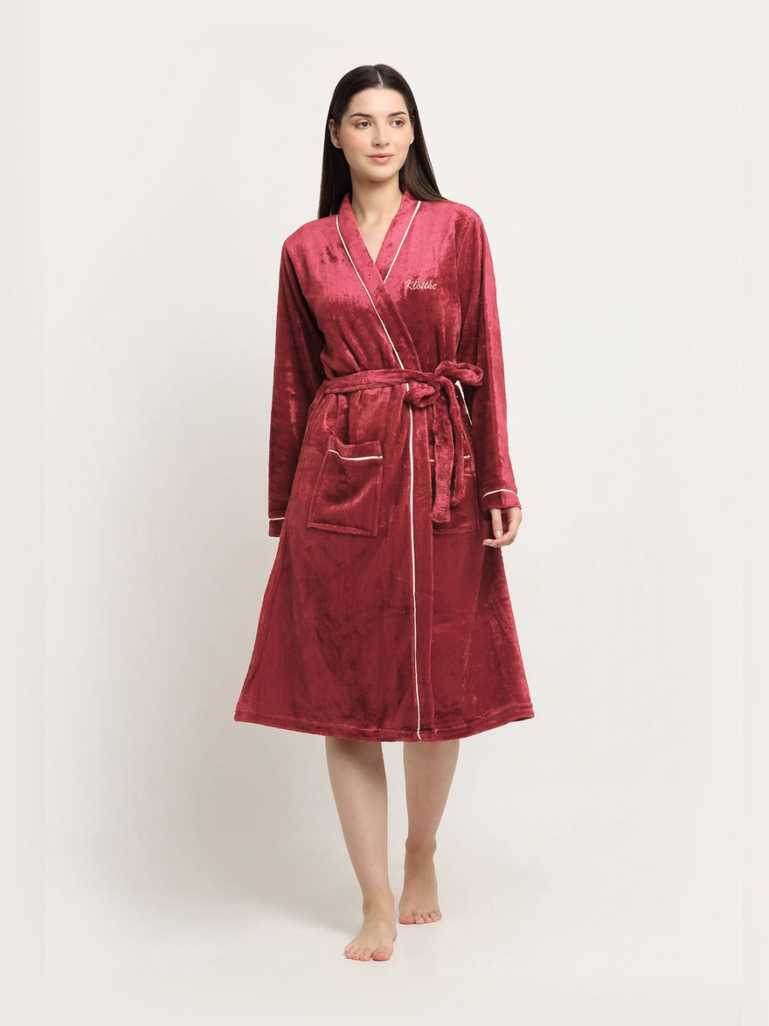 KLOTTHE Red Solid Wool Tie-Ups Midi Bath Robe-XL