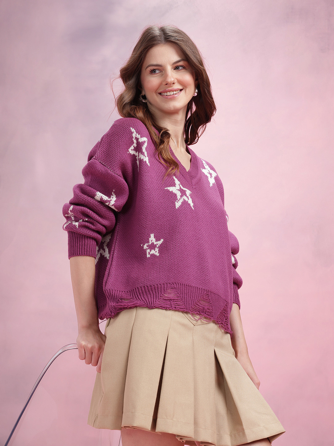 DressBerry Conversational Design Pullover With Frayed Hem