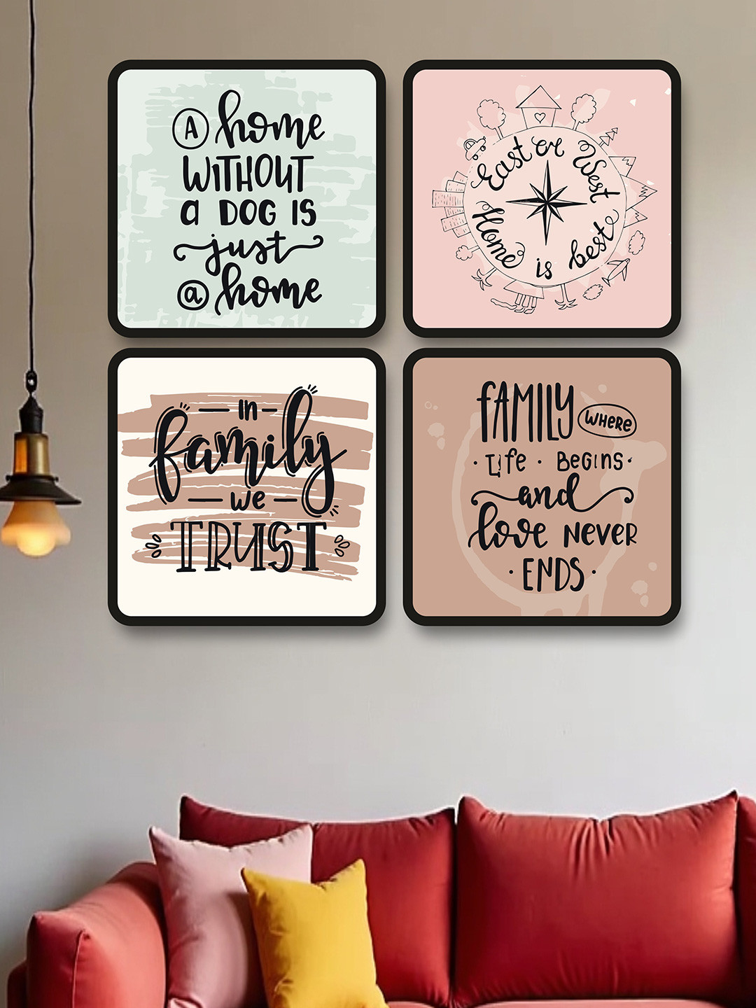 SAF Black & Blue 4 Pieces Typography Printed Framed Wall Art