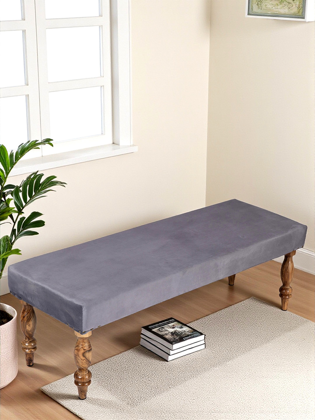 Ikiriya Cairo Sheesham Wood Accent 3 Seater Bench In Iron Grey Velvet