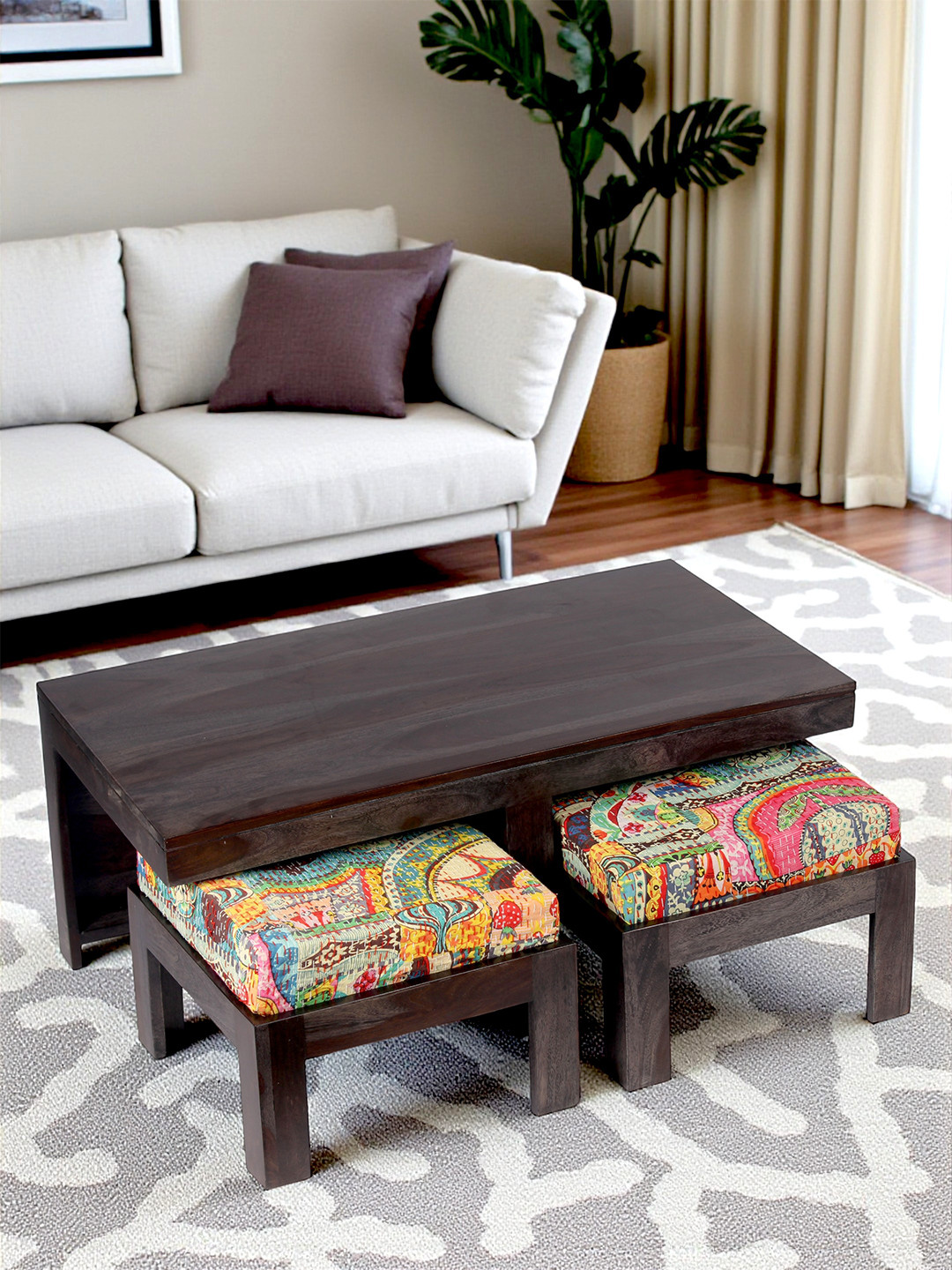 Ikiriya Sheesham Wood Bohemian Coffee Table Set In Dark Mahagony Finish