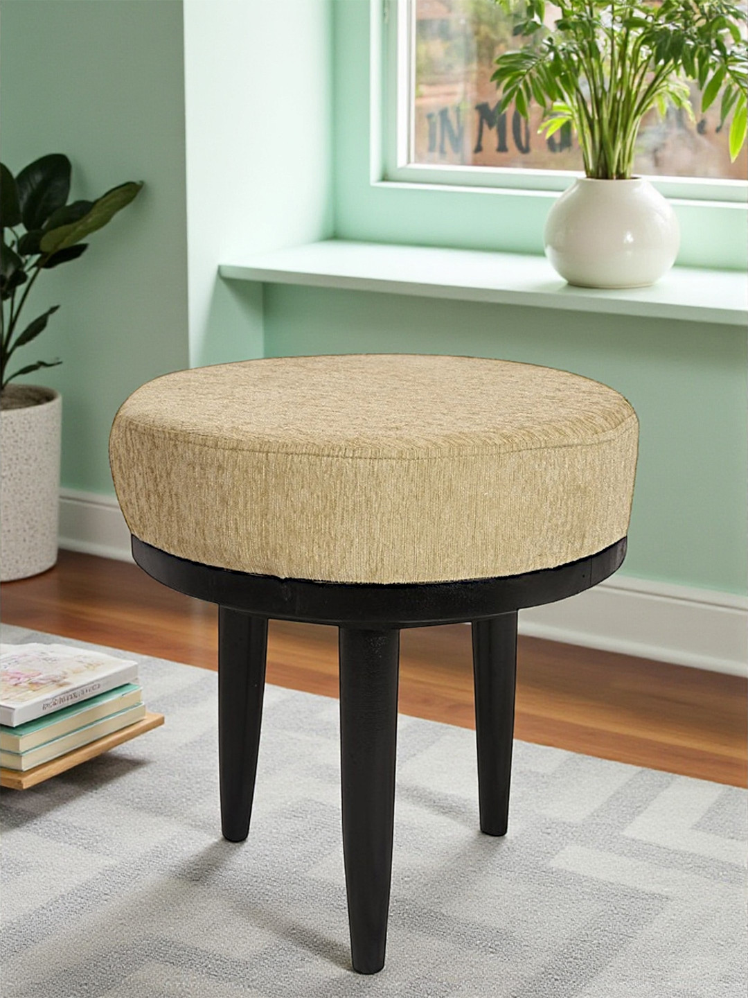 Ikiriya Lisbon Sheesham Wood Accent Round Stool In Beige Mossy Fabric Upholstery