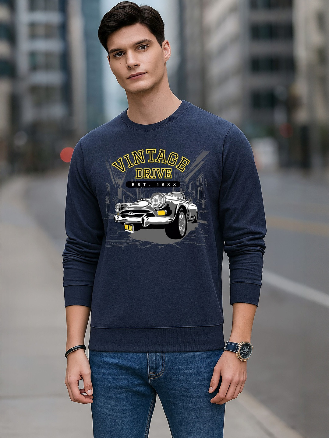 Moda Rapido Men Navy Blue Printed Round Neck Long Sleeves Fleece Ribbed Sweatshirt