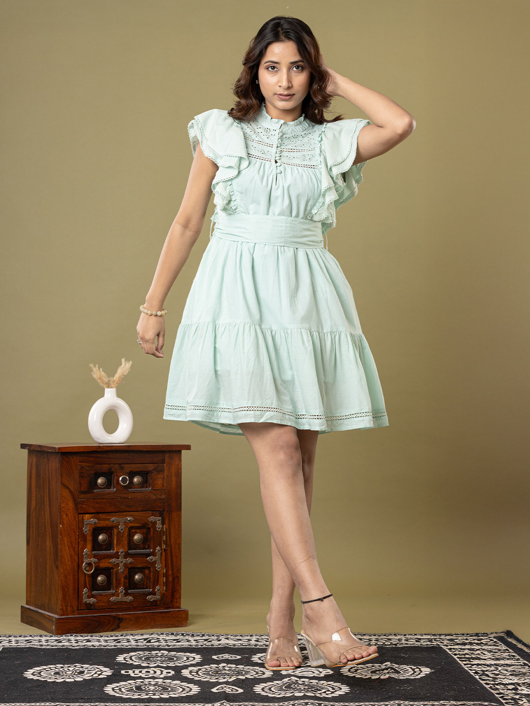 CUSTARD Solid Flutter Sleeve Cotton Fit & Flare Knee Length Dress