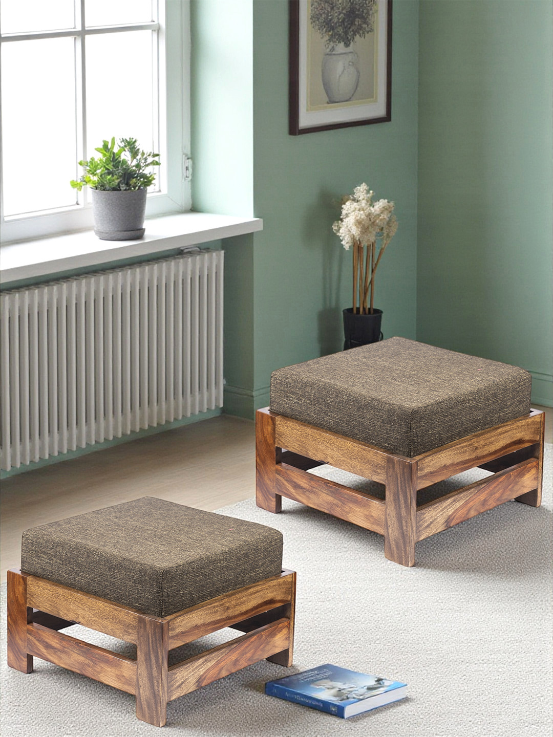 Ikiriya Sheesham Wood Set Of 2 Foot Stools In Teak Finish With Jute Brown Cushion