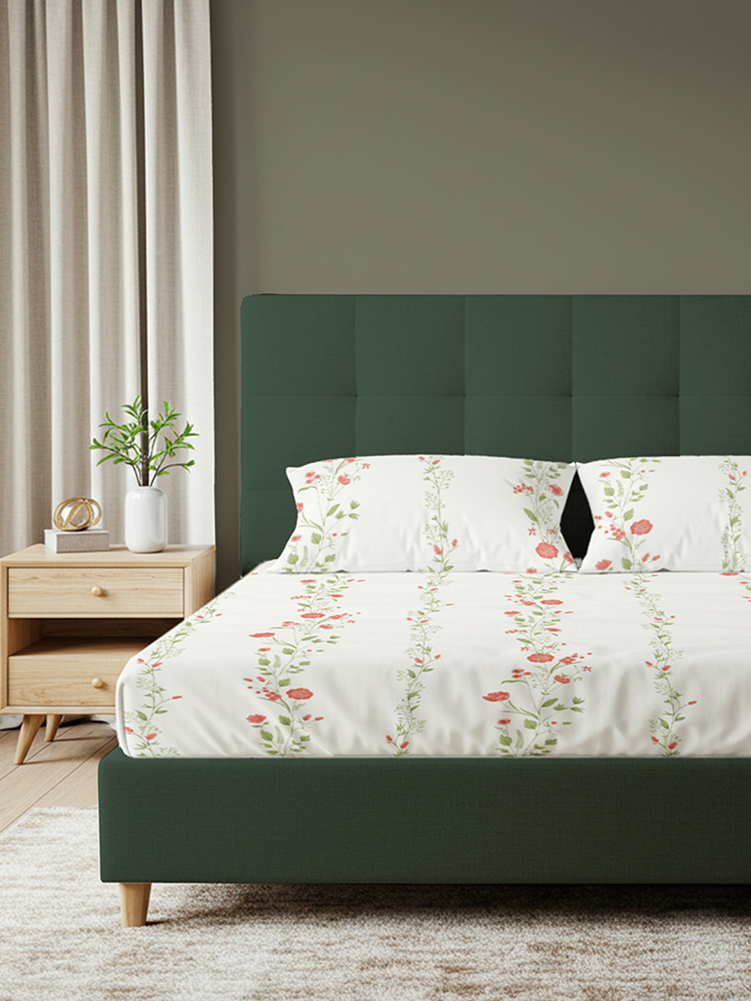 URBAN SPACE Peach Floral Cotton 200 TC King Fine Bedsheet with 2 Pillow Covers-274 x 274 cm