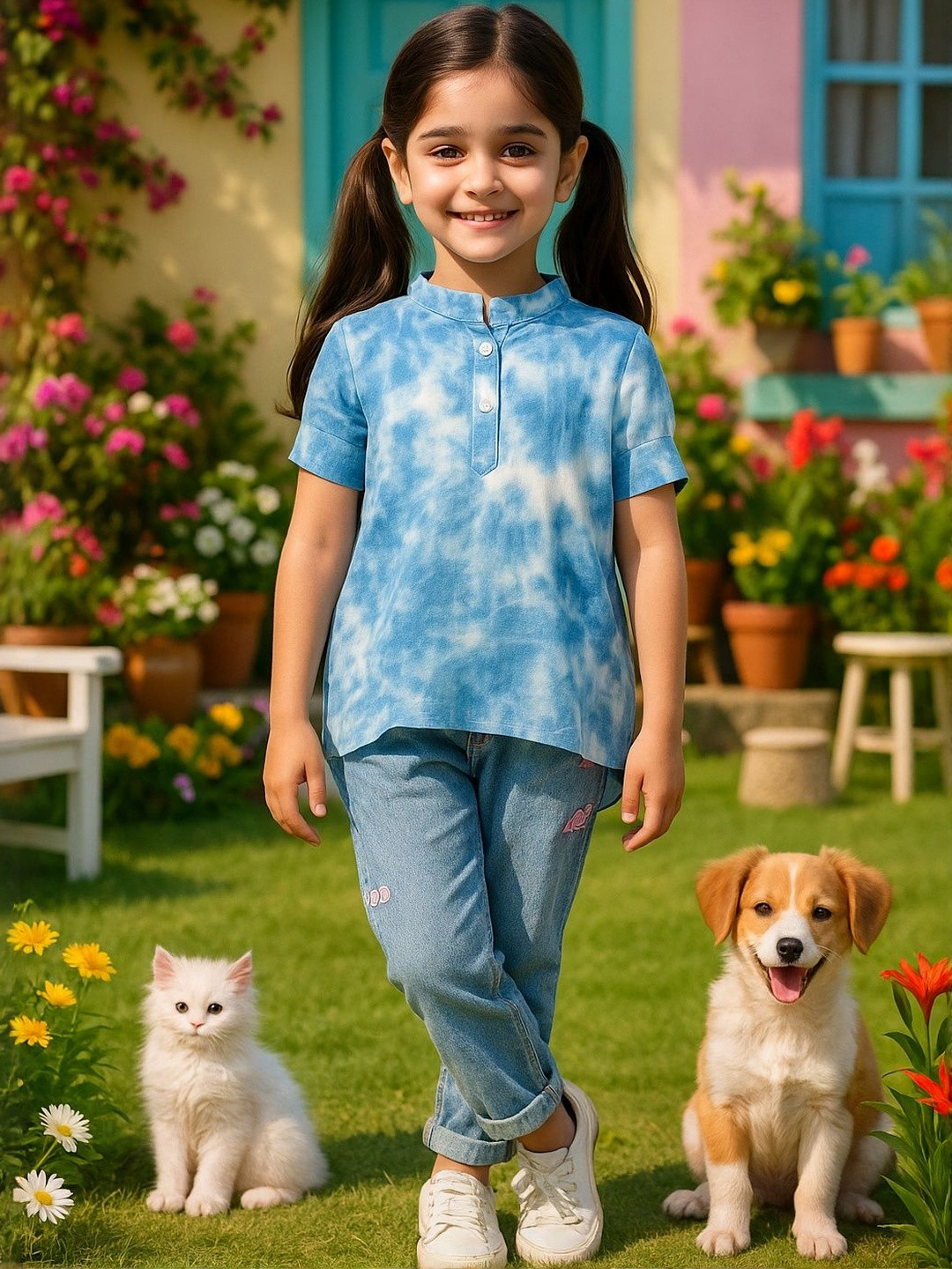 Maaesa Girls Tie & Dye Rayon Short Sleeves A-Line Kurti