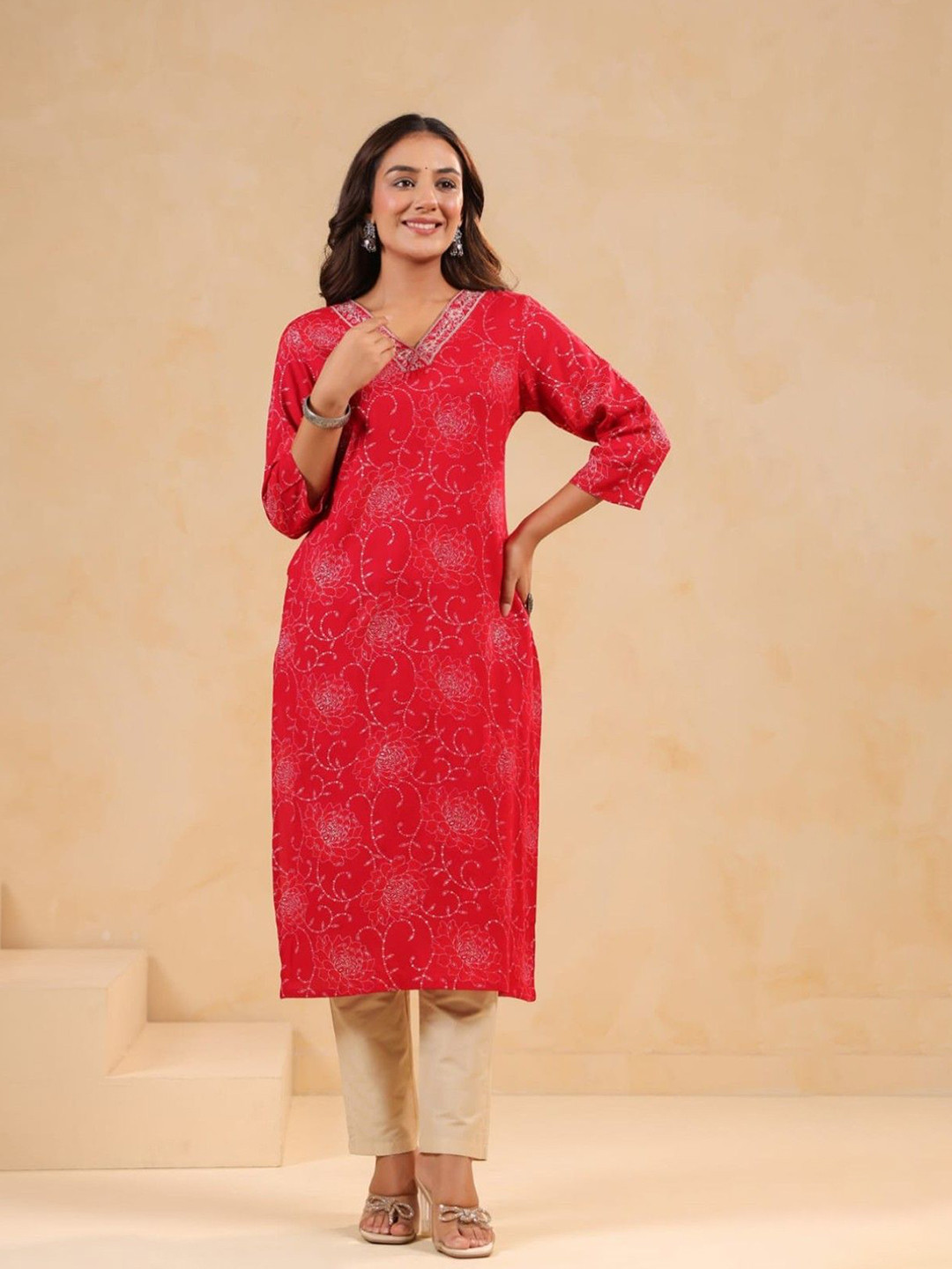 AUTUMN LANE Women Varisha Cardinal Ethnic Motifs Printed Thread Work Pure Cotton Kurta