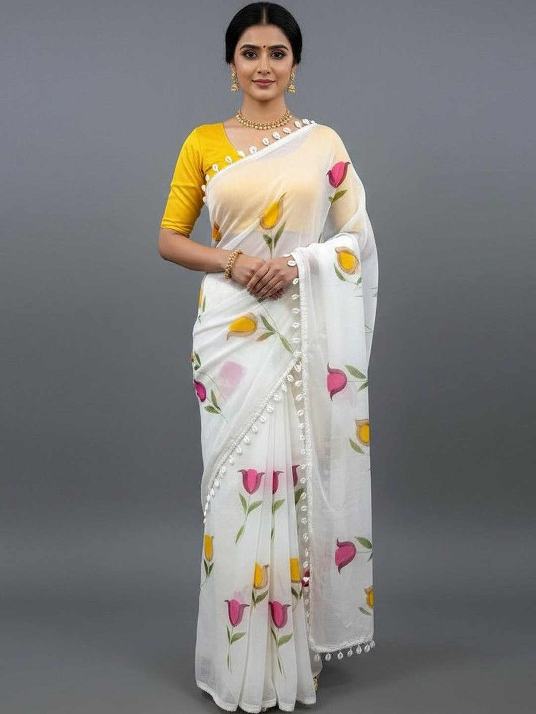 Peachmode Floral Pure Georgette Saree with Cowrie Shell Edge