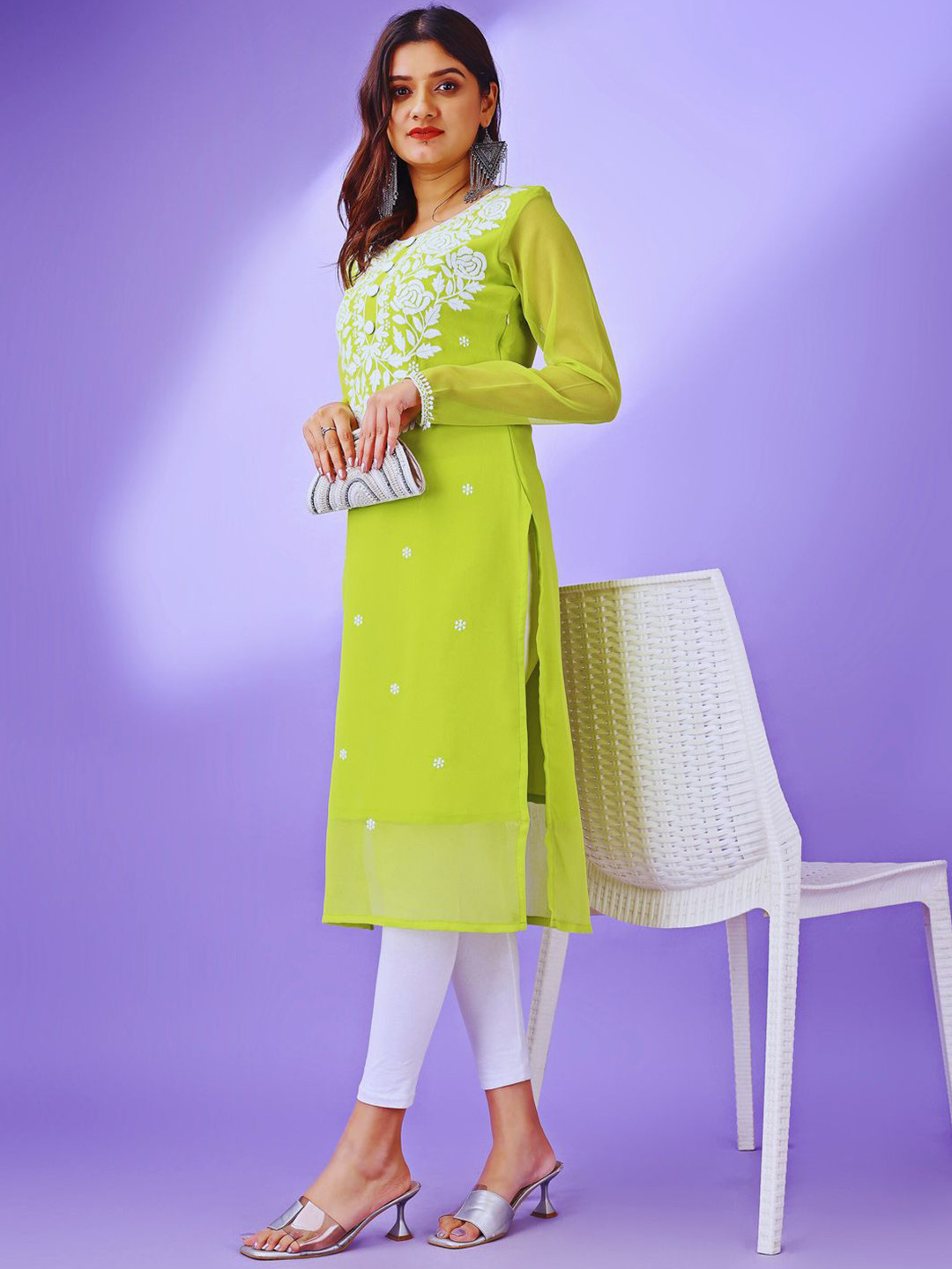 HESVI Floral Embroidered Chikankari Georgette Kurta