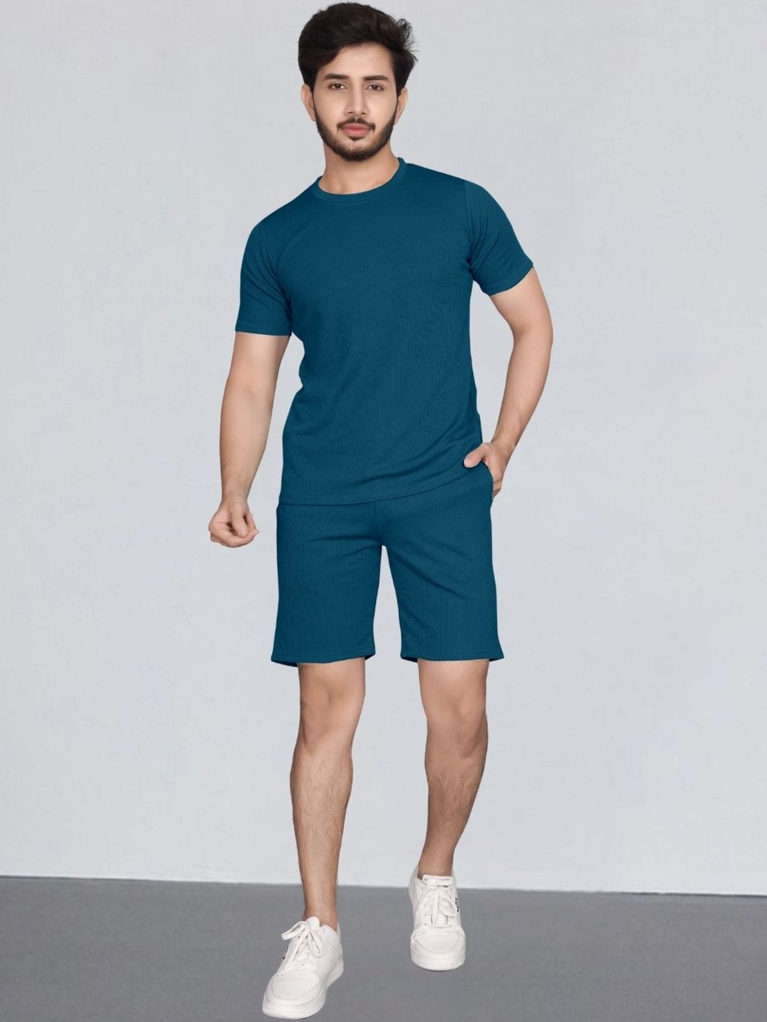 Moda Rapido Men Turquoise Cotton Lycra Blend Textured Lining Tracksuit