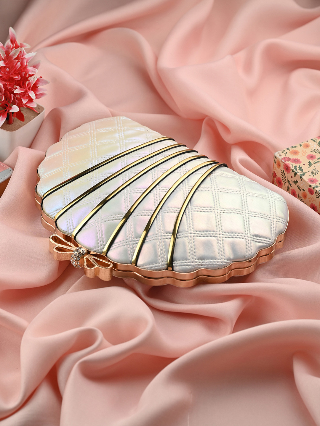 Toobacraft Centre Piping Shell Embellished Half Moon Clutch