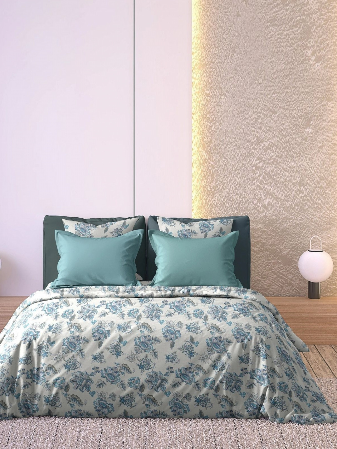 Aura Anzio Blue & Grey Printed Microfiber Double King Bed Cover With 2 Pillow Covers