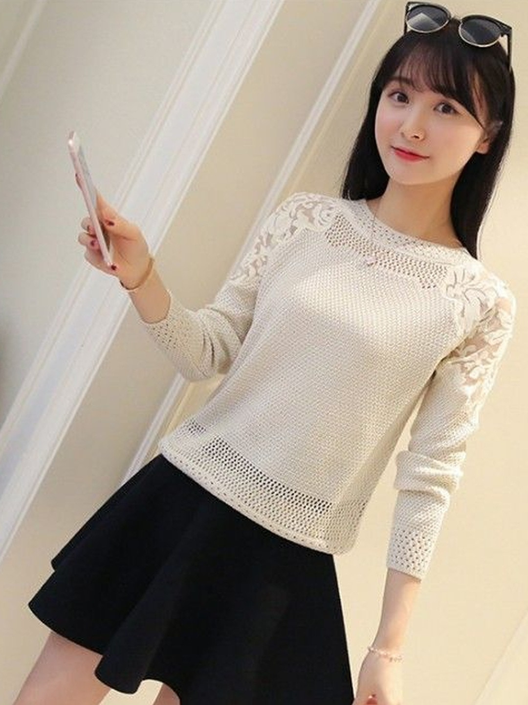 DressBerry  Women White Floral Embroidered Round Neck Long Sleeves  Top