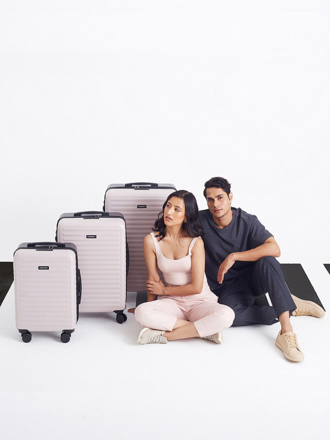 Assembly Two Toned Hard-Sided Polycarbonate Trolley Bag - Ivory & Grey (20,24 & 28 Inches)