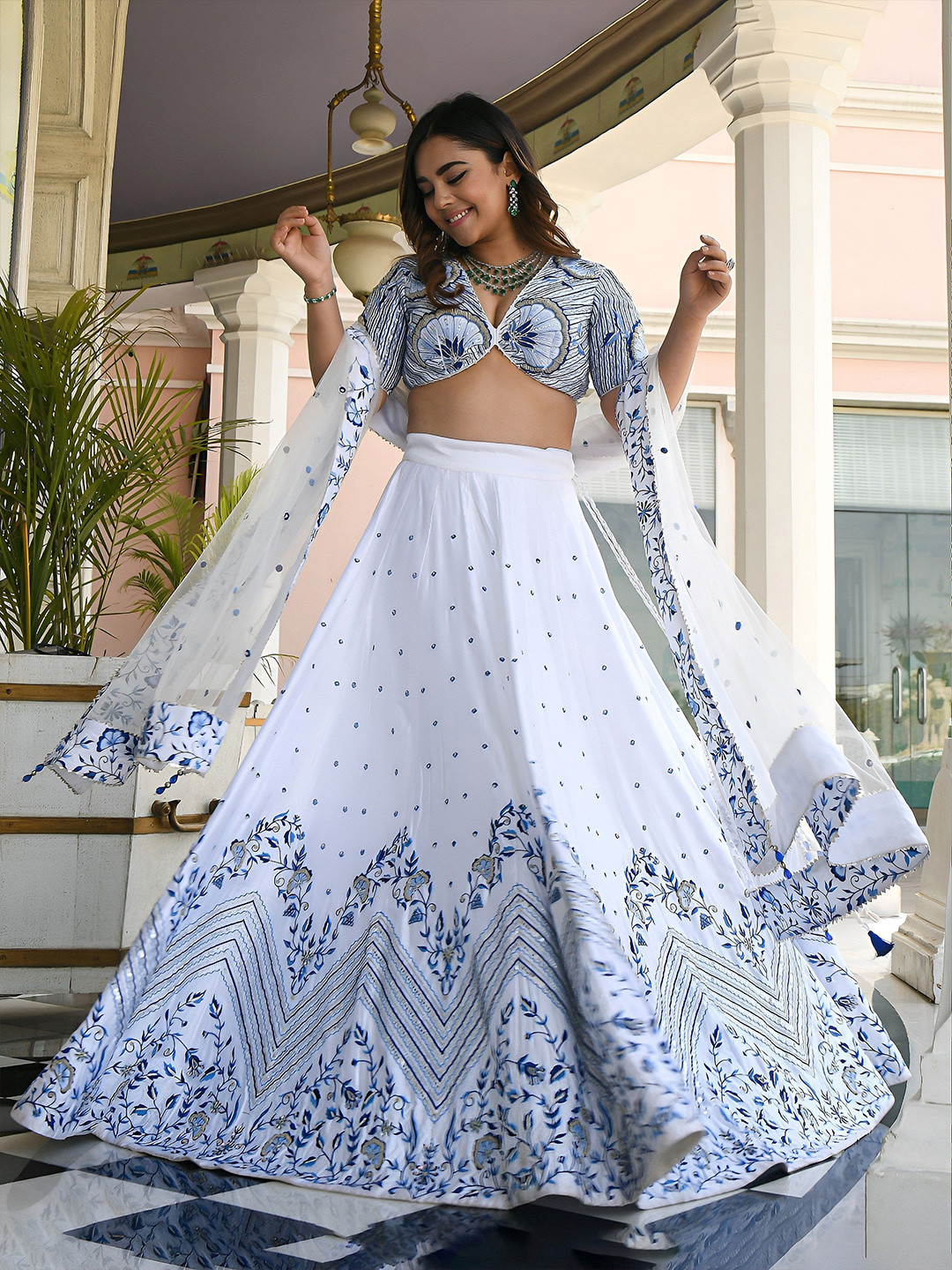 Zeel Clothing Embroidered Thread Work Satin Lehenga & Unstitched Blouse With Dupatta