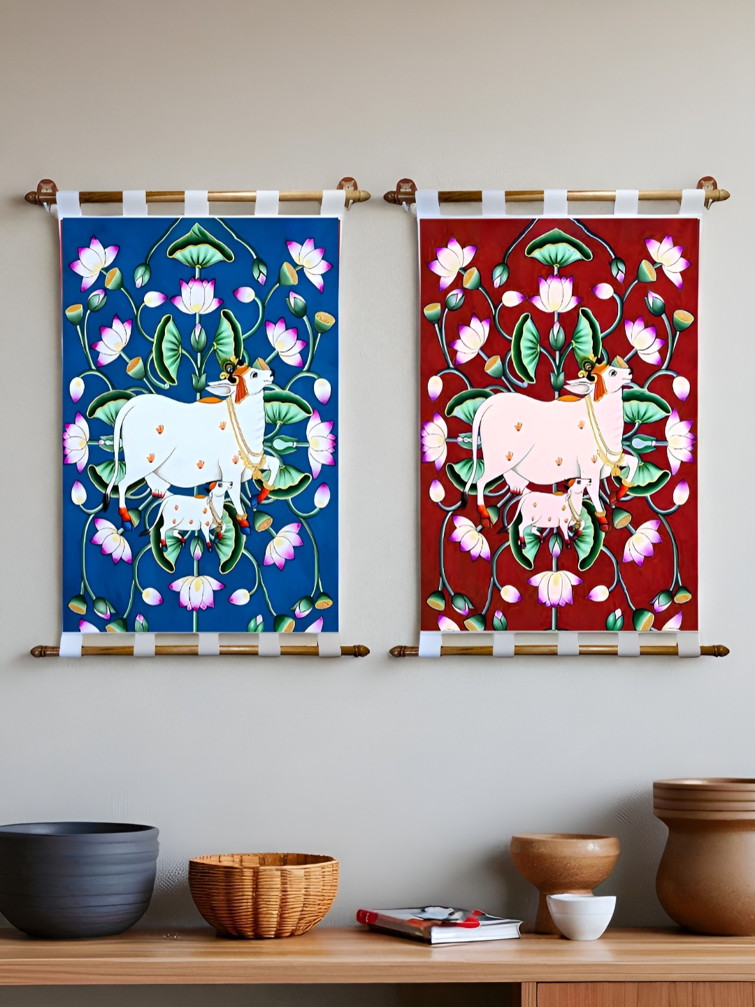 Tushaco Handicrafts Blue & Red 2 Pieces Shrinath Ji Pichwai Printed Canvas Wall Art
