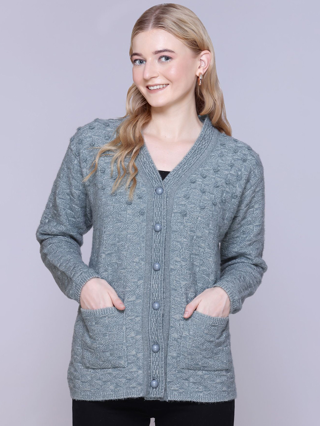FIRST SLEEP Women Solid Self Design V-Neck Long Sleeves Woollen Regular Cardigan