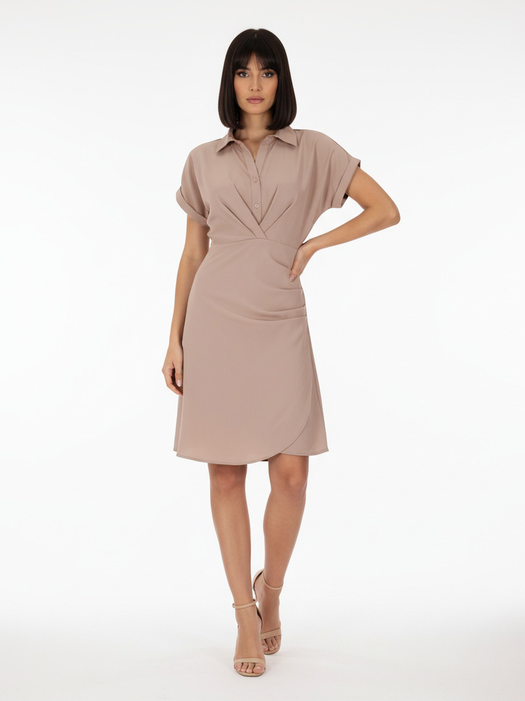 glitchez Ruched Effect Asymmetric Hem Wrap-Style Shirt Dress with Side Slit