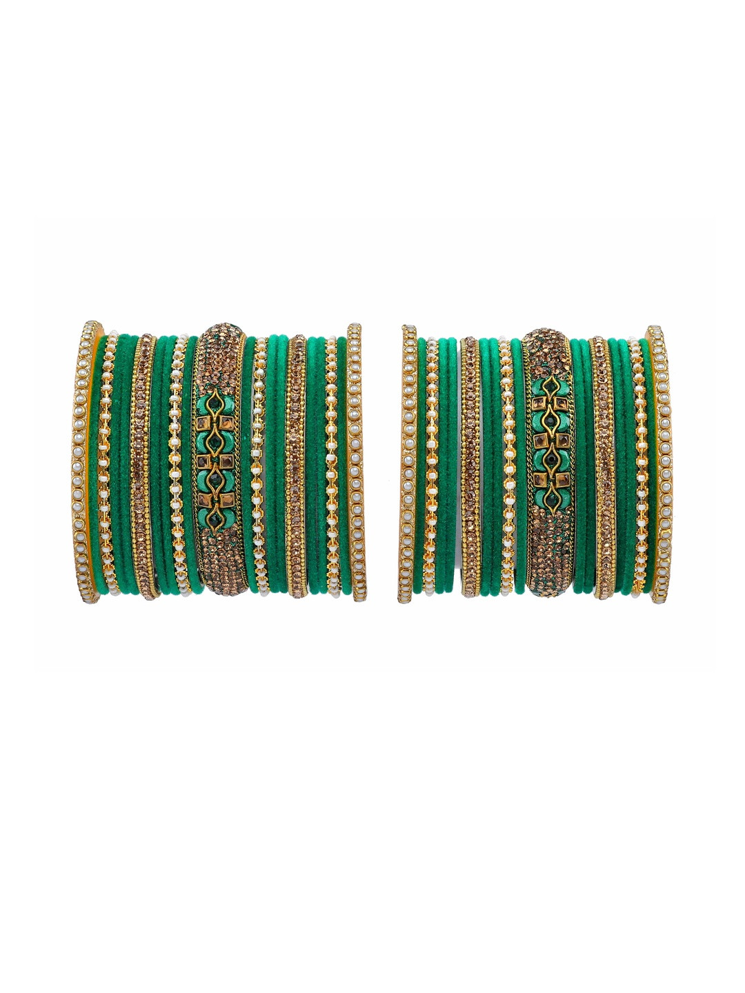 GLIKA Women Set Of 2 Green & Gold Alloy Bangles