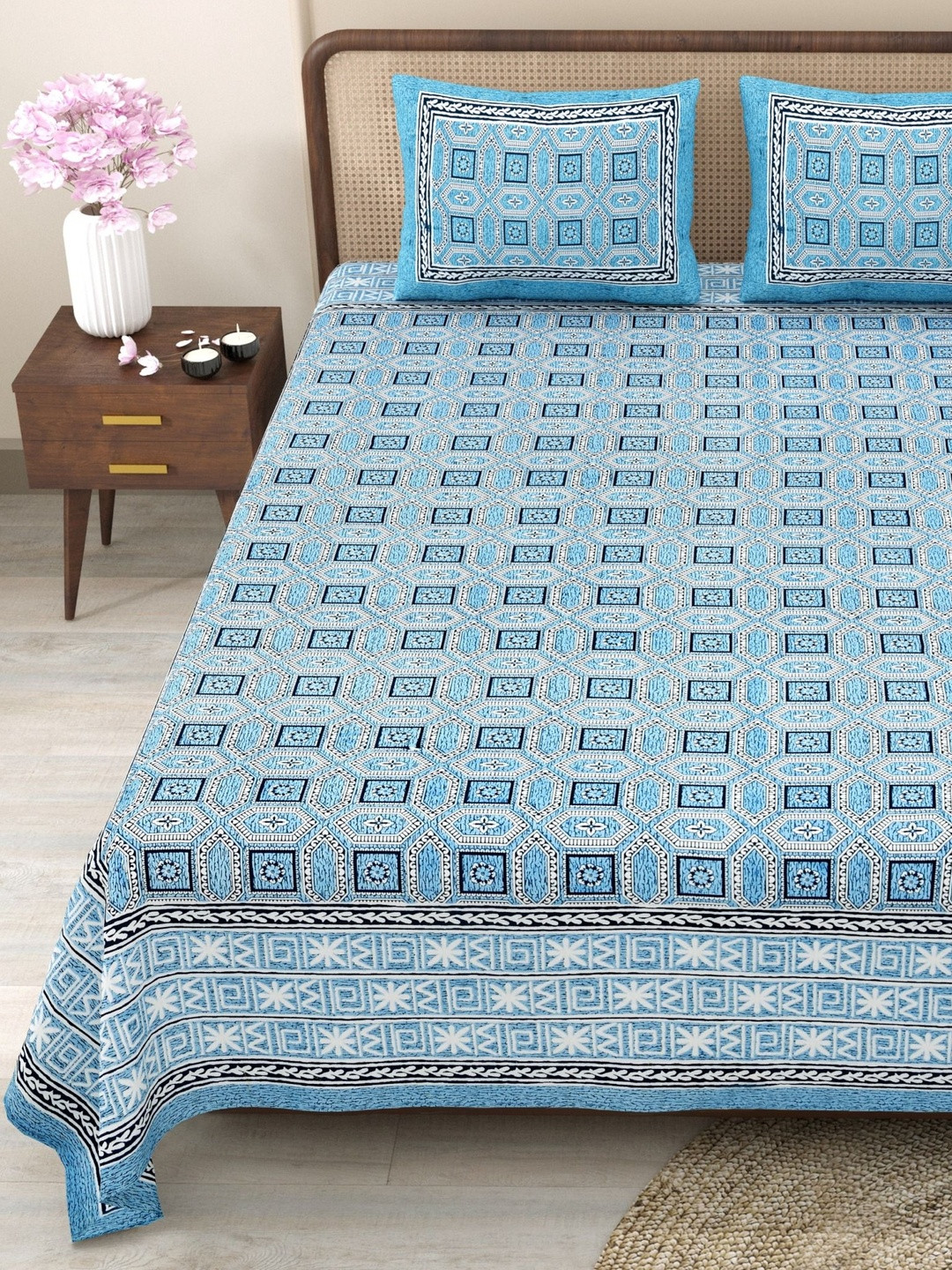 Myntra Elegant Homes Blue Pure Cotton Floral King Size Bedsheets with Pillow Cover Set