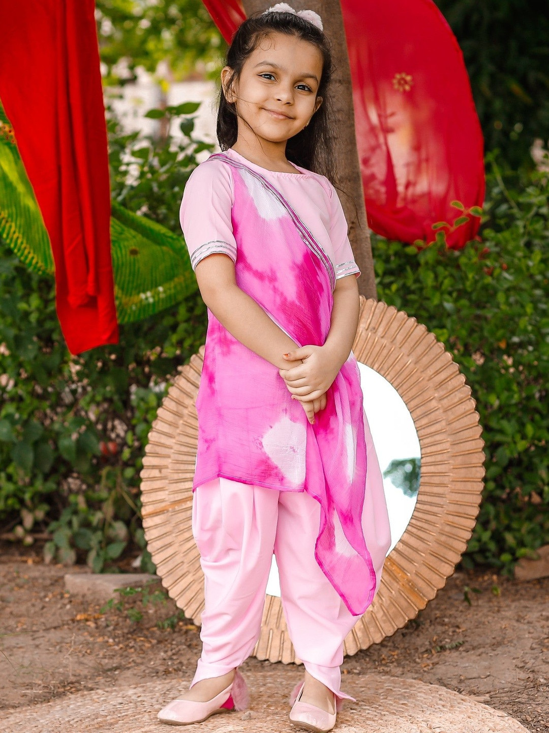 Sangria Girls Poly Crepe Round Neck Short Sleeves Ethnic Dhoti Kurta Sets