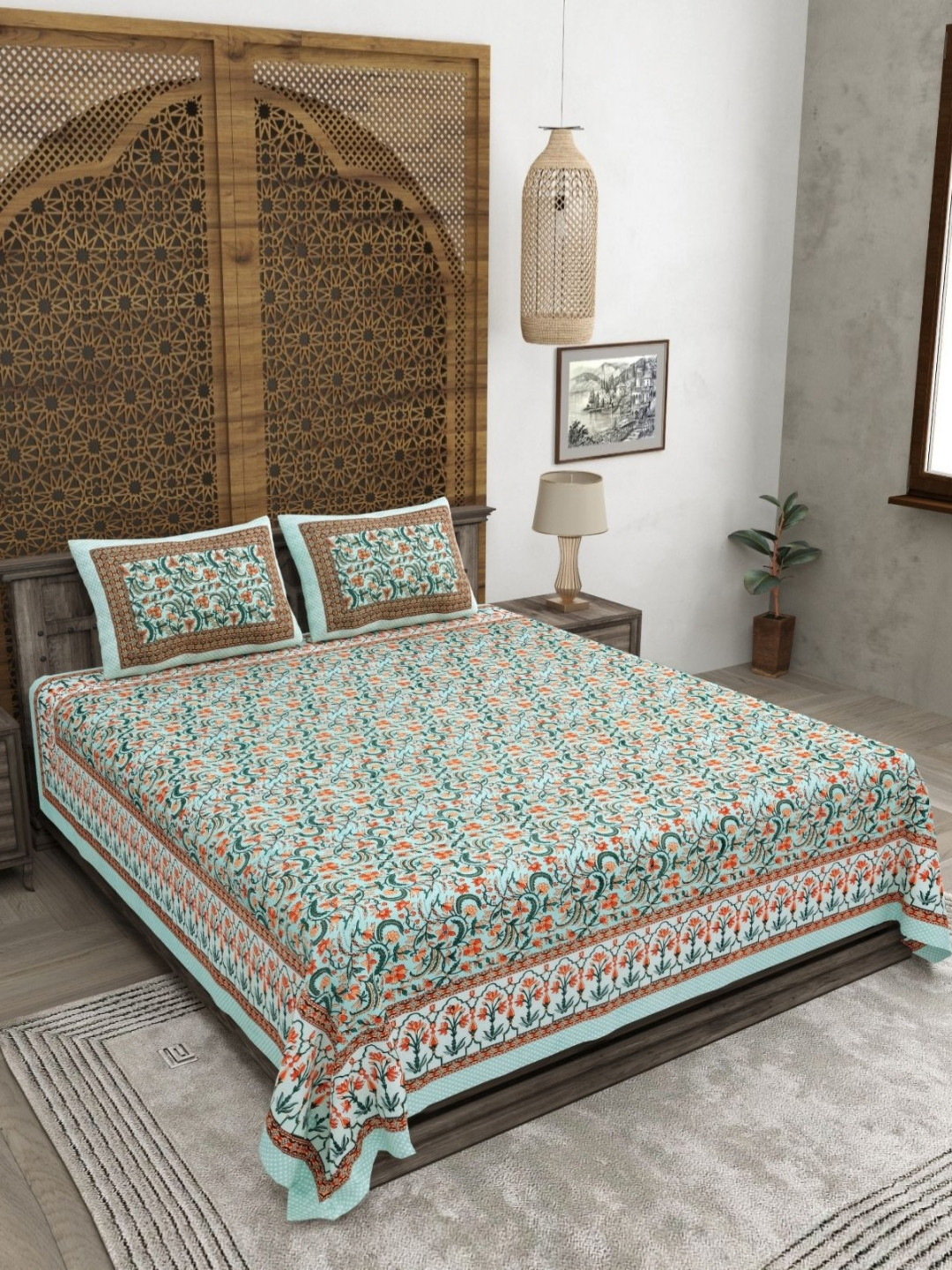 CLOTHOLOGY Green & Orange Floral Printed 180 TC Flat Cotton King Bedsheet - 2.75 x 2.25 m