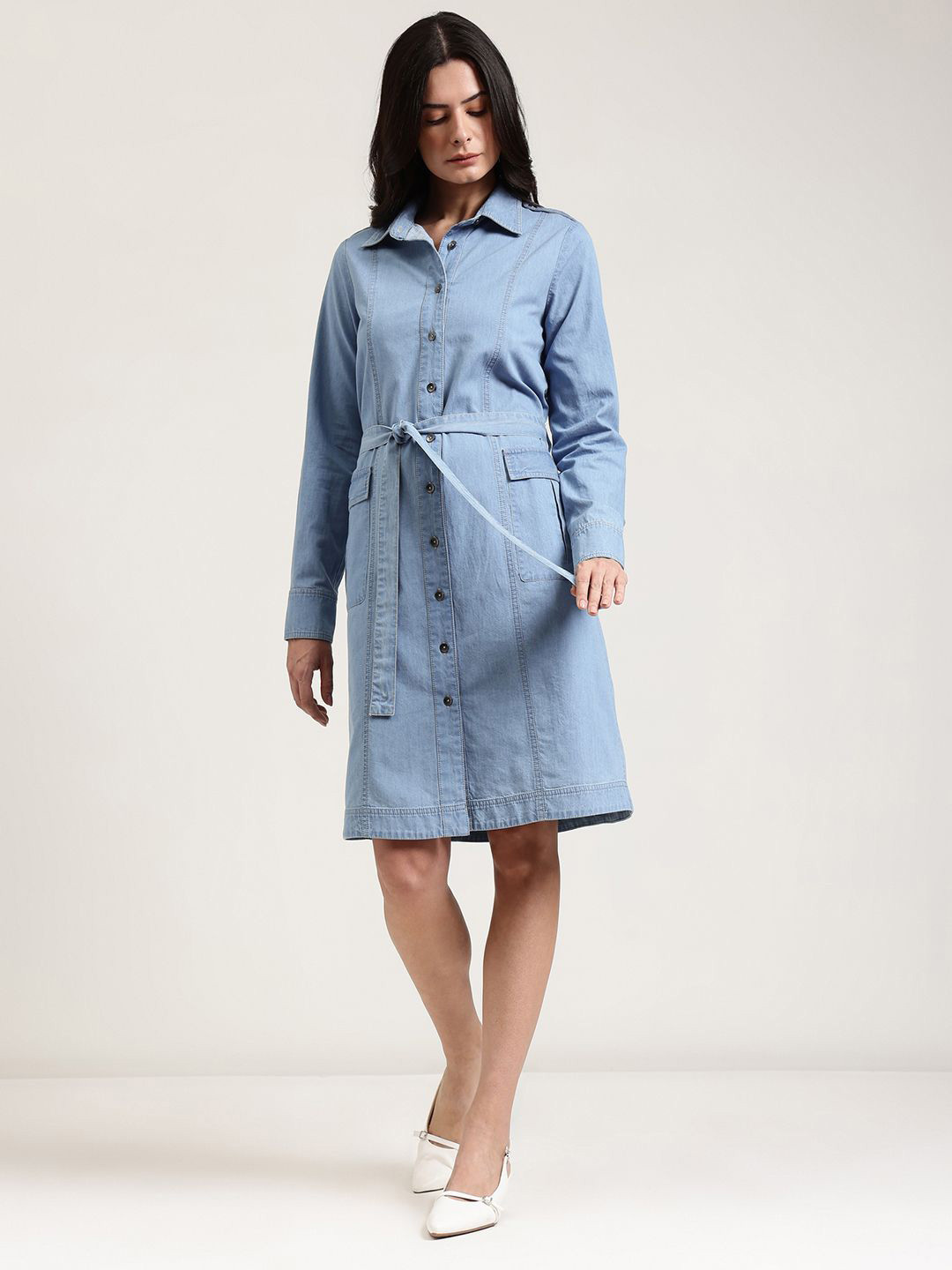 FABLE STREET Women Shirt Collar Cotton Denim Shirt Dress
