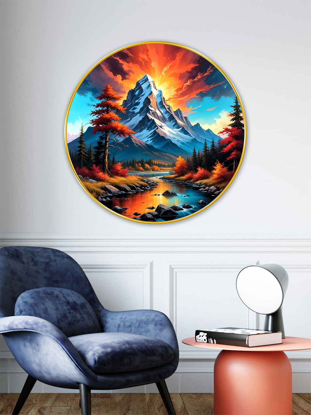 SAF Blue & Orange Wooden Rounded Wall Paintings