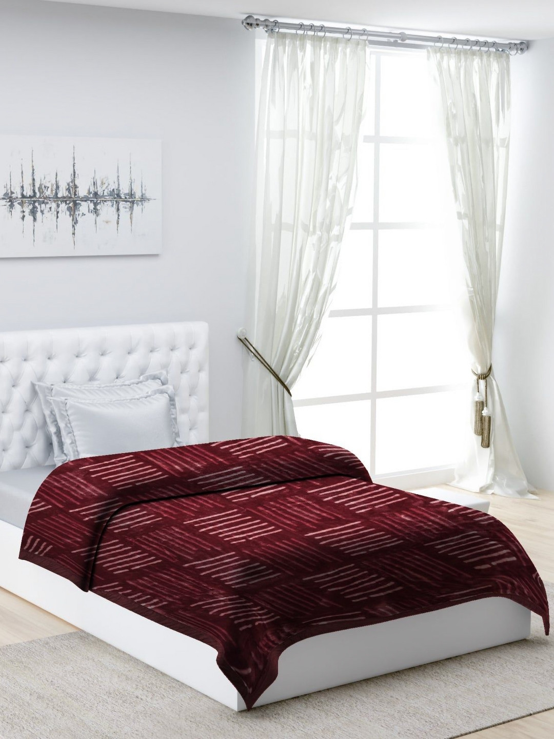 Monte Carlo Maroon And White Striped Printed Heavy Winter Single Bed Blanket 1022 GSM