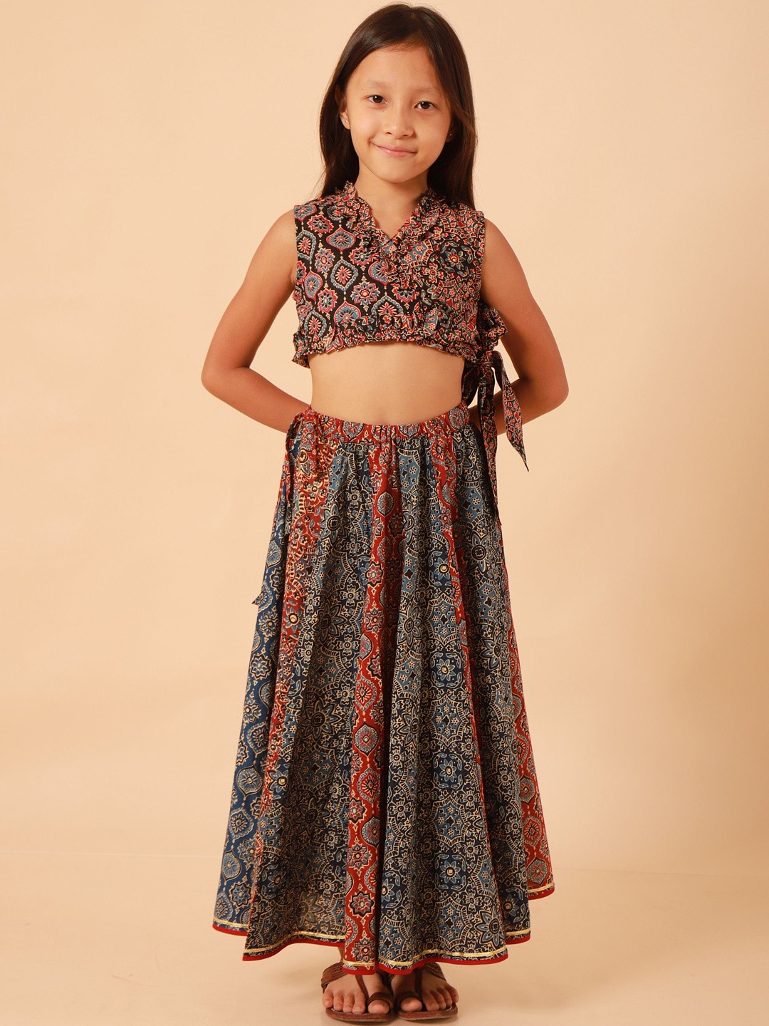 Sangria Girls Red & Blue Block Print Lehenga Choli