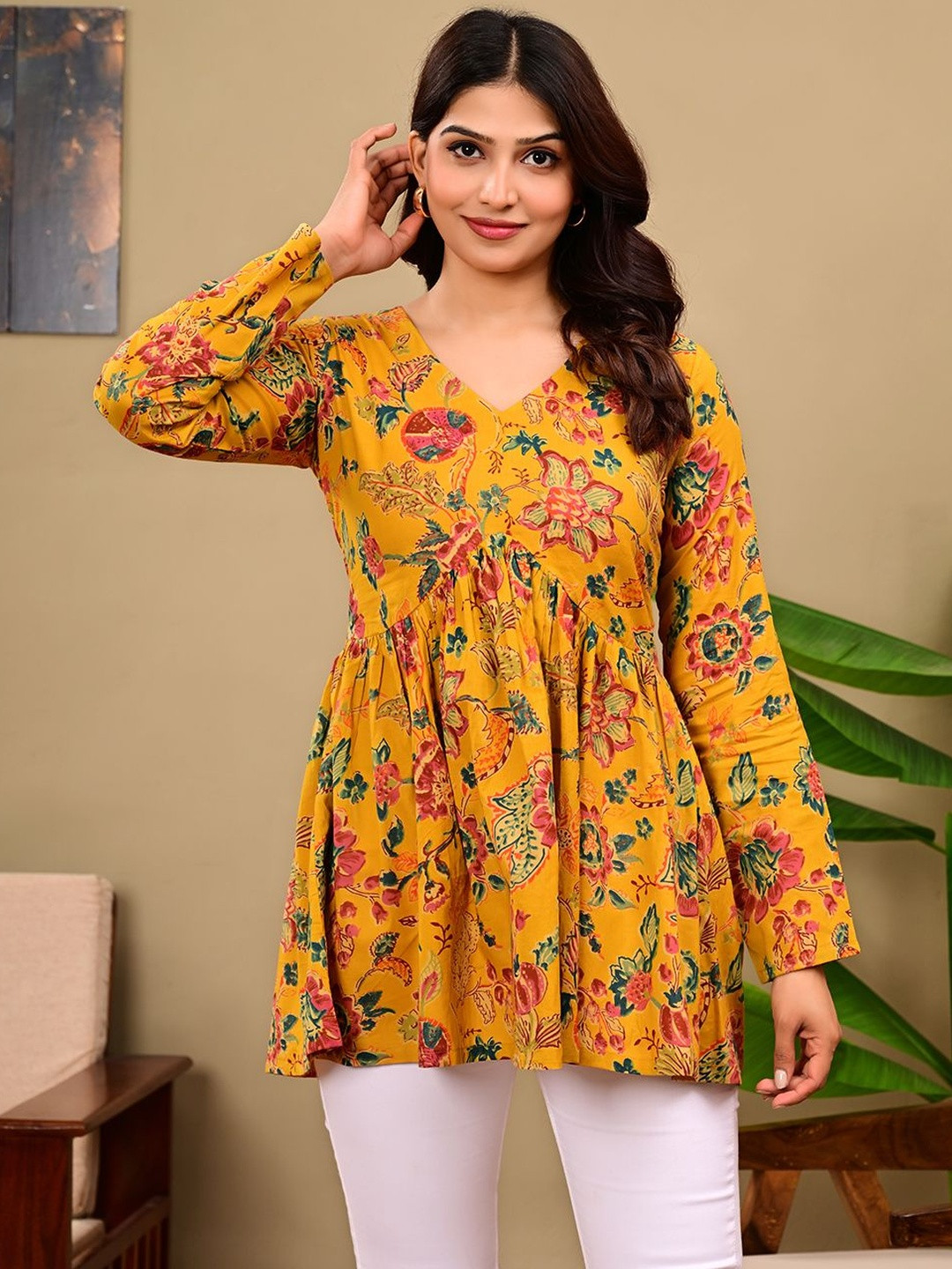 LABEL ADRIJA Women Yellow Pure Cotton Floral Printed V-Neck Empire Anarkali Kurti