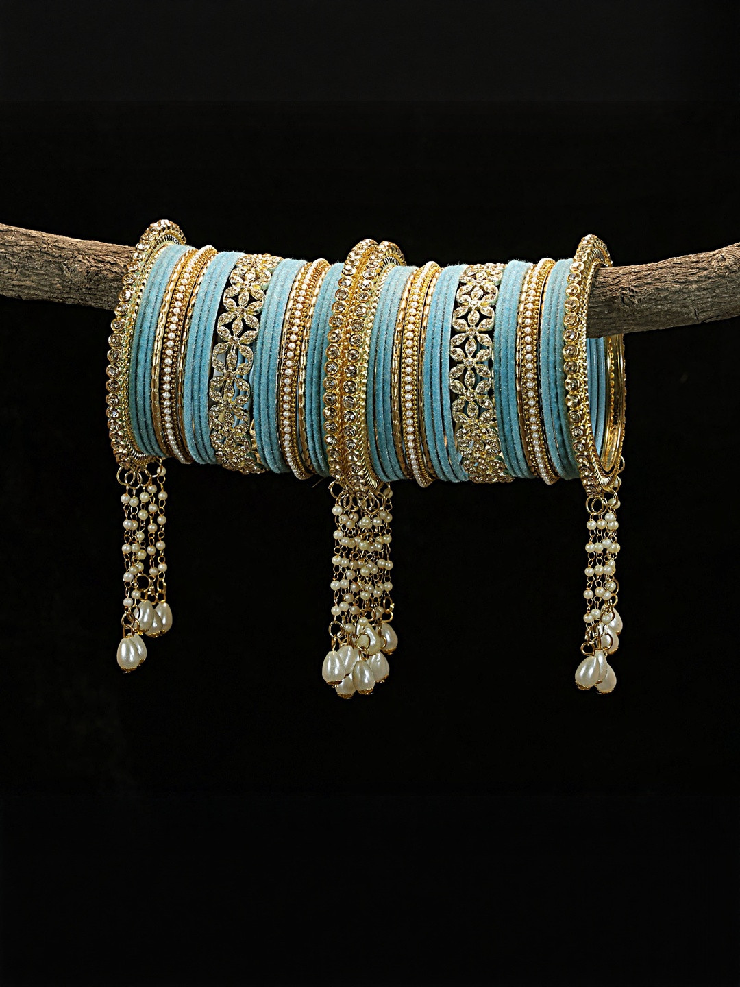GLIKA Turquoise Blue Metal Base Zircon Gemstone Pearl Studded Latkan Bangle Set