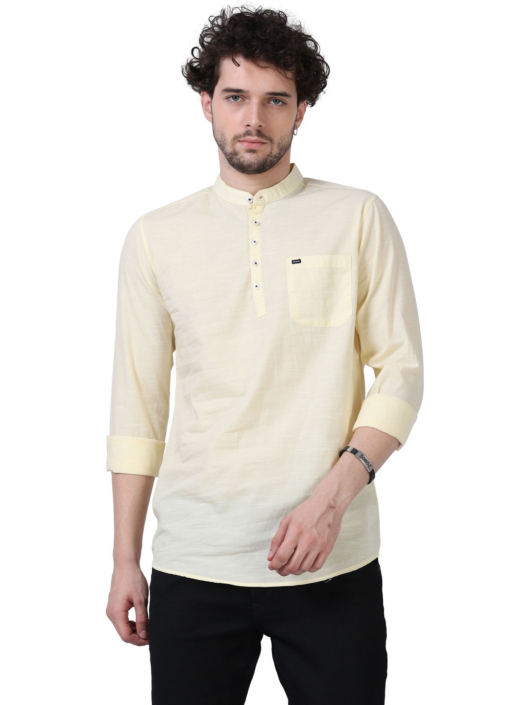 RS Fashions Men Yellow Linen Solid Long Sleeves Kurta
