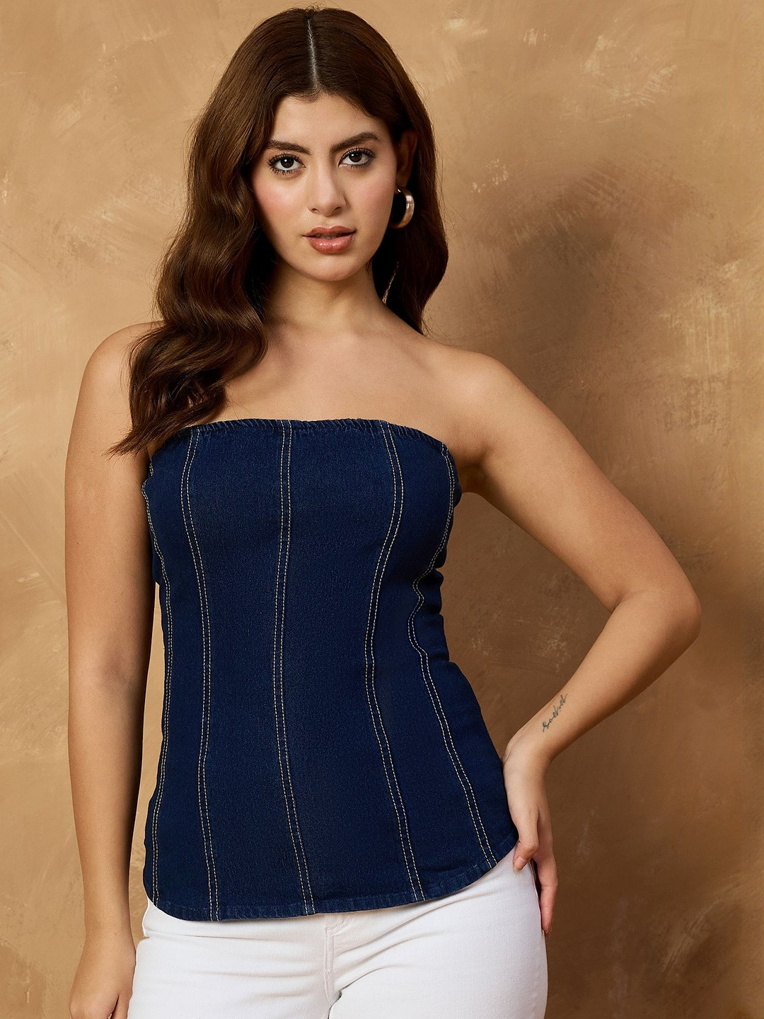 all about you Women Vertical Stripes Denim Tube Top